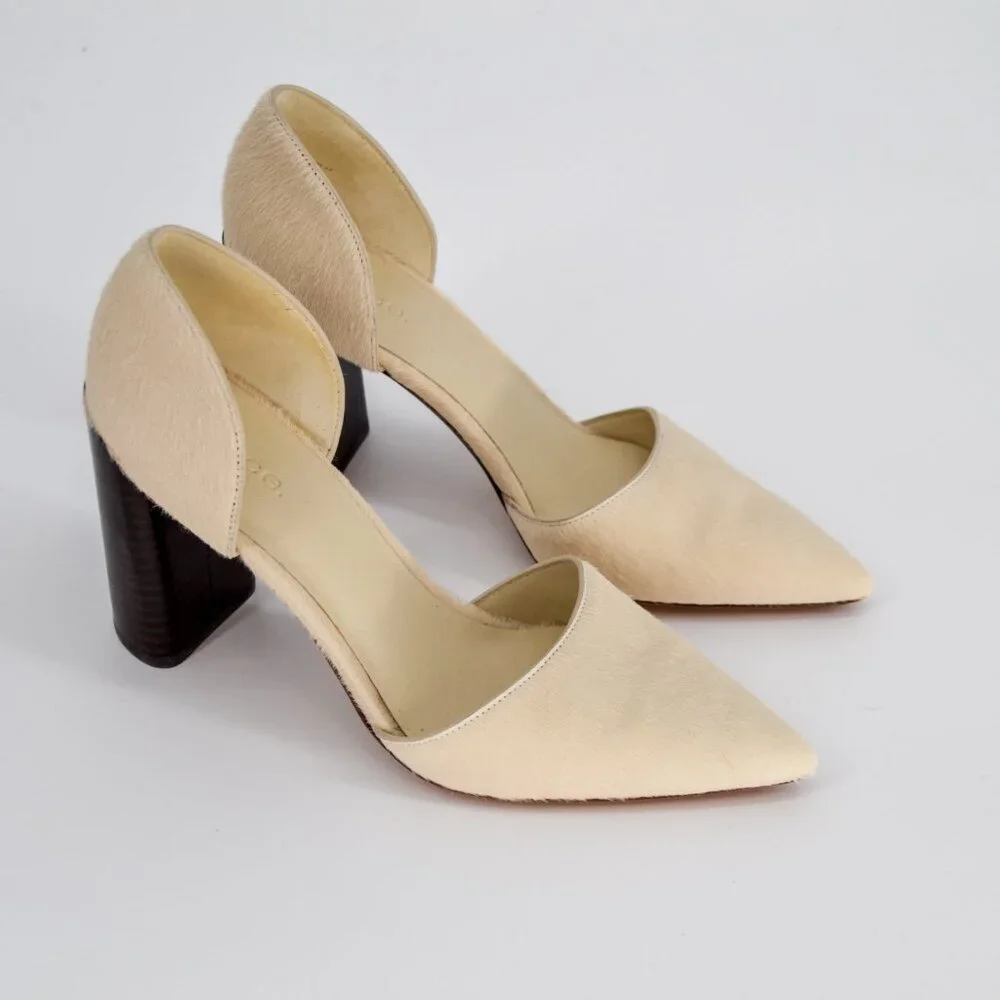 Vince Prim D'Orsay Calf Hair Pointed Toe Pump Cream Stacked Block Heel Size 7 - Picture 2 of 7